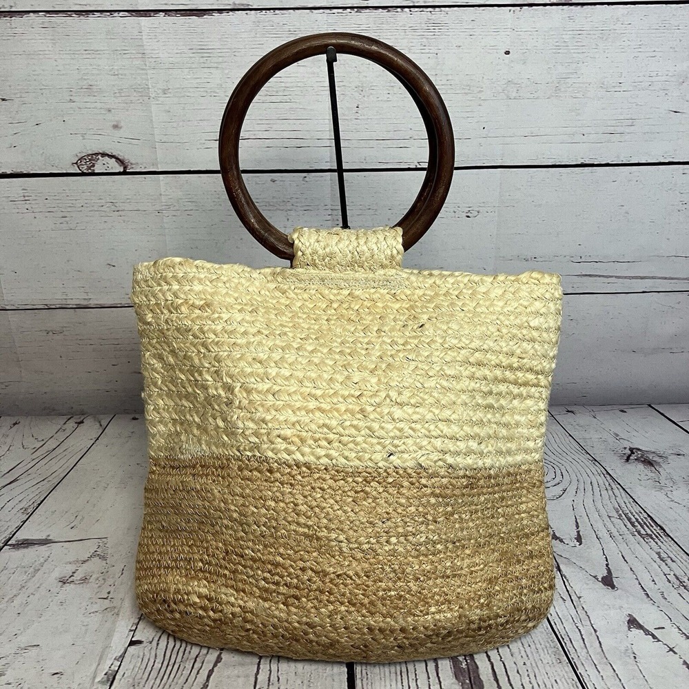 J. Jill Woven Bag Jute Wooden Circle Handles Natural‎ Large Heavy Coastal Beach